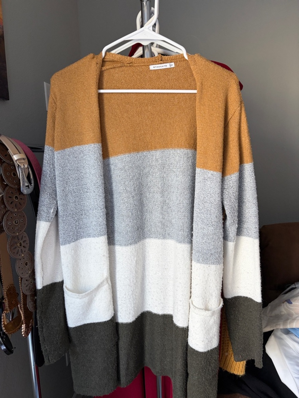 Staccato Colorblock Open-Front Cardigan - Mustard/Gray/White/Olive